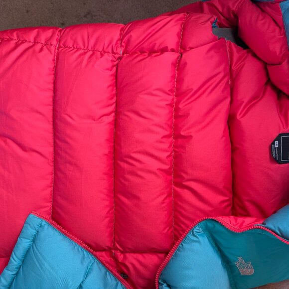 The North Face TNF Teal Blue Pink 700 Nuptse Down Puffer Vest Jacket Women Sz L - Picture 4 of 4